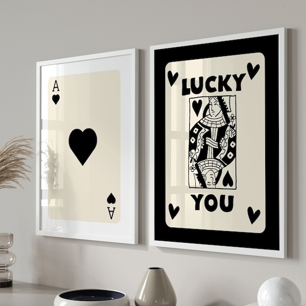 Trendy Retro Wand Kunst 3er-Set, Retro trendiger ästhetischer Druck, schwarze Ace-Karte Poster, Lucky You Poster, trendige Wandkunst, lustige Kunst, digital