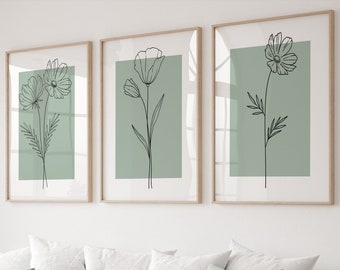 Green Botanical Line Art Print Set: Minimalist Home Decor (Digital Download)