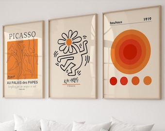 Gallery Wall Art Set Of 3 Prints, Picasso Print, Picasso Poster, Bauhaus Print, Bauhaus Poster Set,  Gallery Wall Bundle, Orange Wall Art,