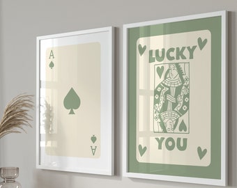 Trendy Retro Wall Art Set Of 3, Retro Trendy Aesthetic Print, Sage Green Ace Card Poster, Lucky You Poster, Trendy Wall Art, Funky Art,