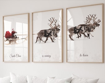 Gallery Set of 3,  Christmas Santa Claus with a sleigh Print, Xmas Printable Home Decor, Christmas decorations, Christmas Wall Art, DIGITAL,