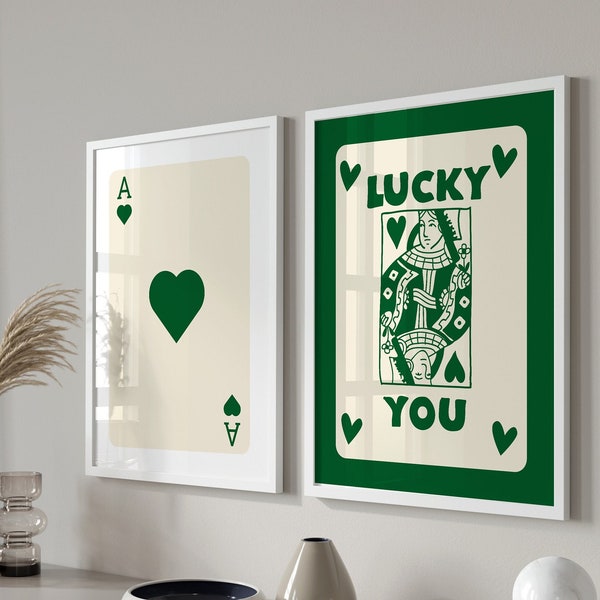 Trendy Retro Wall Art Set Of 3, Retro Trendy Aesthetic Print, Green Ace Card Poster, Lucky You Poster, Trendy Wall Art, Funny Art, Digital,
