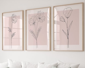 Conjunto de arte de pared rosa de 3, decoración de pared botánica, arte de pared de plantas, arte botánico, decoración del hogar rosa, impresión de pared de flores, arte de pared rosa, arte lineal