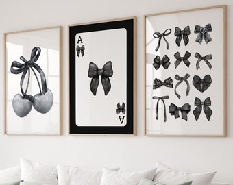 Trendy Black Bows Wall Art Set of 3, Preppy poster, College Apartment Decor, Watercolor Bows Print, Goquette Room Decor , Girly Wall Art,