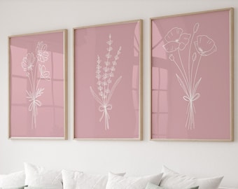 Pink Botanical Line Art Prints: Flower Wall Decor Set (Digital Download)