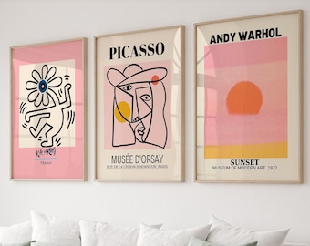 Conjunto de arte de pared de galería de 3 impresiones, impresión de Picasso, póster de Andy Warhol, póster de Picasso, paquete de pared de galería, conjunto de Keith Haring, arte de pared moderno