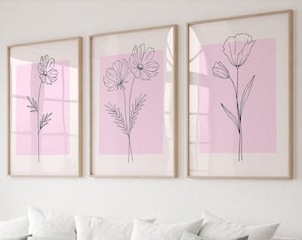 Pink Botanical Line Art Print Set: Minimalist Flower Wall Decor (Digital Download)