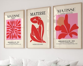 Henri Matisse Set of 3 wall art, Gallery Wall Set, Red Pink Matisse Print Set, Matisse Posters, Matisse Exhibition Poster, Matisse Prints,