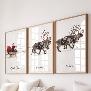 Gallery Set of 3,  Christmas Santa Claus with a sleigh Print, Xmas Printable Home Decor, Christmas decorations, Christmas Wall Art, DIGITAL,