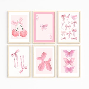 Trendy Pink Bows Wall Art Set of 6, Preppy poster, College Apartment Decor, Watercolor Bows Print, Coquette Room Decor , Girly Wall Art,