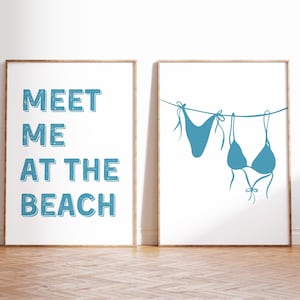 Blue Coastal Wall Art Set Of 2 Bikini Print Beachy Decor Meet Me At The Beach Art Preppy Trendy Poster Summer Coquette Decor Girly DIGITAL