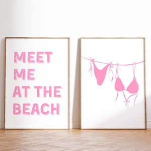 Pink Coastal Wall Art Set Of 2 Bikini Print Beachy Decor Meet Me At The Beach Art Preppy Trendy Poster Summer Coquette Decor Girly DIGITAL