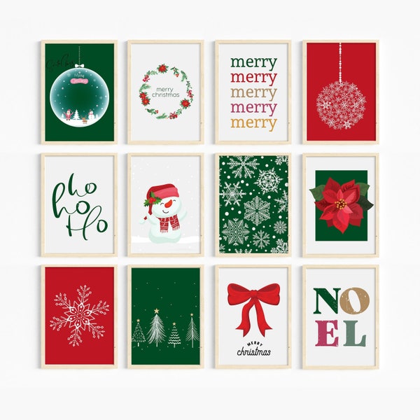 Paquete de arte de pared de galería imprimible de Navidad, conjunto de 12 impresiones de arte de Navidad, descarga digital de Navidad, carteles para decoración navideña, impresión navideña
