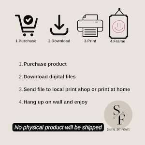 May include: A digital art print download instructions graphic with four icons: a shopping cart, a download arrow, a printer, and a picture frame. The text below the icons reads: "1. Purchase product, 2. Download digital files, 3. Send file to local print shop or print at home, 4. Hang up on wall and enjoy." The text below the icons reads: "No physical product will be shipped." The bottom right corner of the graphic has a logo with the letters "S" and "F" and the text "DIGITAL ART PRINTS".
