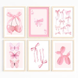 Juego de 6 lazos rosas de moda para pared, póster preppy, decoración para apartamentos universitarios, lazos de acuarela, decoración de habitación coqueta, arte de pared femenino DIGITAL