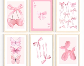 Pink Bows Watercolor Print Set: Girly Coquette Room Decor (Digital Download)