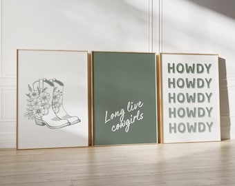 Green Cowgirl Art Prints set of 3: Western Gallery Wall Set (Digital Download)