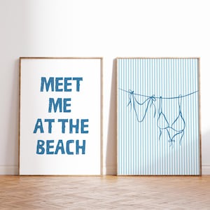 Blue Coastal Wall Art Set Of 2 Bikini Print Beachy Decor Meet Me At The Beach Art Preppy Trendy Poster Summer Coquette Decor Girly DIGITAL