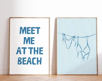 Blue Coastal Wall Art Set Of 2 Bikini Print Beachy Decor Meet Me At The Beach Art Preppy Trendy Poster Summer Coquette Decor Girly DIGITAL