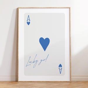 Impresión de chica afortunada, arte de pared de moda azul, juego de cartas de as, póster preppy, decoración de dormitorio de chicas, póster Lucky You, arte estético para apartamentos DIGITAL