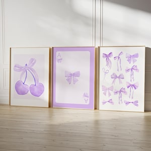 Juego de 3 arte de pared con lazos morados de moda, póster preppy, decoración para apartamentos universitarios, estampado de lazos de acuarela, decoración de habitación coqueta, arte de pared femenino DIGITAL