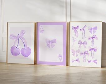 Trendy Purple Bows Wall Art Set of 3 Preppy Poster College Apartment Decor Watercolor Bows Print Coquette Room Decor Girly Wall Art DIGITAL