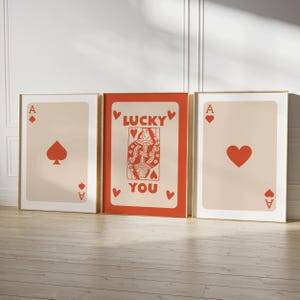 Trendy retro muurkunst set van 3 retro trendy esthetische print oranje aas kaart poster Lucky You poster trendy muurkunst grappige kunst digitaal