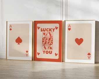 Trendy Retro Wall Art Set Of 3 Retro Trendy Aesthetic Print Orange Ace Card Poster Lucky You Poster Trendy Wall Art Funny Art DIGITAL