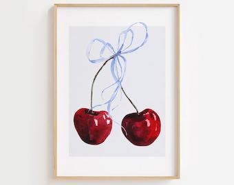 Blue Bow Cherry Print: Coquette Room Decor (Digital Download)