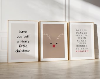 Neutral Christmas Reindeer Prints: Set of 3 Gallery Wall Art (Digital Download)