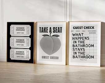Funny Bathroom Prints Set Of 3 Ticket Bathroom Wall ArtTake a Seat Sweet Cheeks Poster Retro Bathroom Funny Bathroom Nice Bum Art DIGITAL