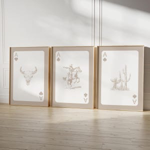 Conjunto de 3 cartas de baralho com estampa de cowboy, decoração do sudoeste, arte ocidental moderna, caveira de touro de chifre longo, digital