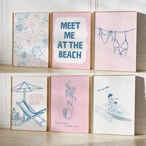 Blue and Pink Coastal Wall Art Set Of 7 Bikini Print Beachy Decor Meet Me At The Beach Art Preppy Trendy Poster Summer Coquette Decor Girly