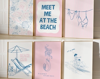 Coastal Wall Art Set: Blue & Pink Beach Prints (Digital Download)
