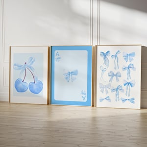 Trendy blauwe strikken muur kunst set van 3 preppy poster college appartement decor aquarel strikken print flirt kamer decor girly muur kunst digitaal