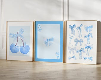 Blaue Schleifen Aquarell Druck Set: Trendige Girly Wandkunst (Digitaler Download)