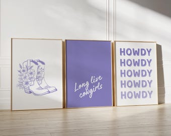 Purple Cowgirl Art Prints set of 3: Western Gallery Wall Set (Digital Download)