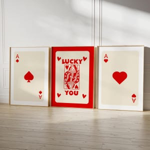 Juego de 3 impresiones de arte de pared retro de moda, póster de tarjeta de as rojo con estampado estético retro de moda, póster de Lucky You, arte de pared moderno, arte divertido, descarga digital
