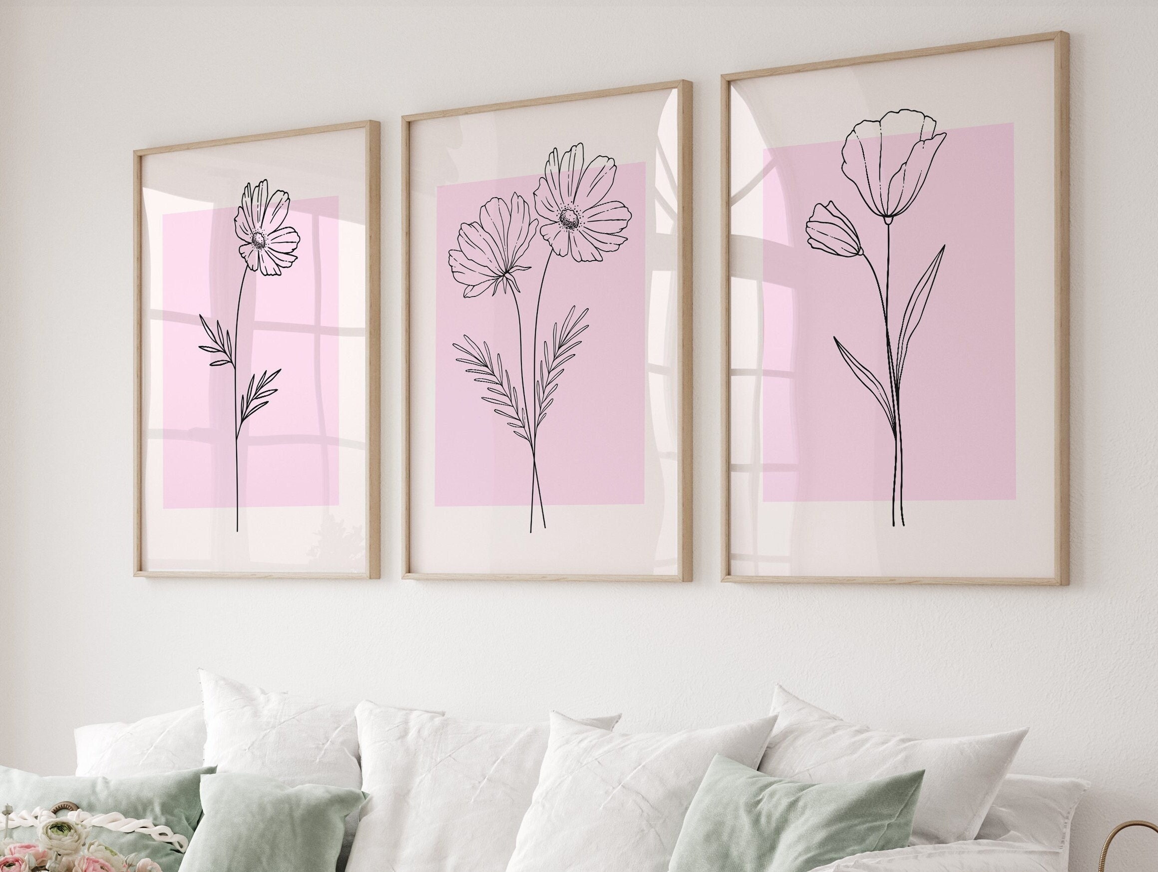 Pink Botanical Line Art Print Set: Minimalist Flower Wall Decor ...