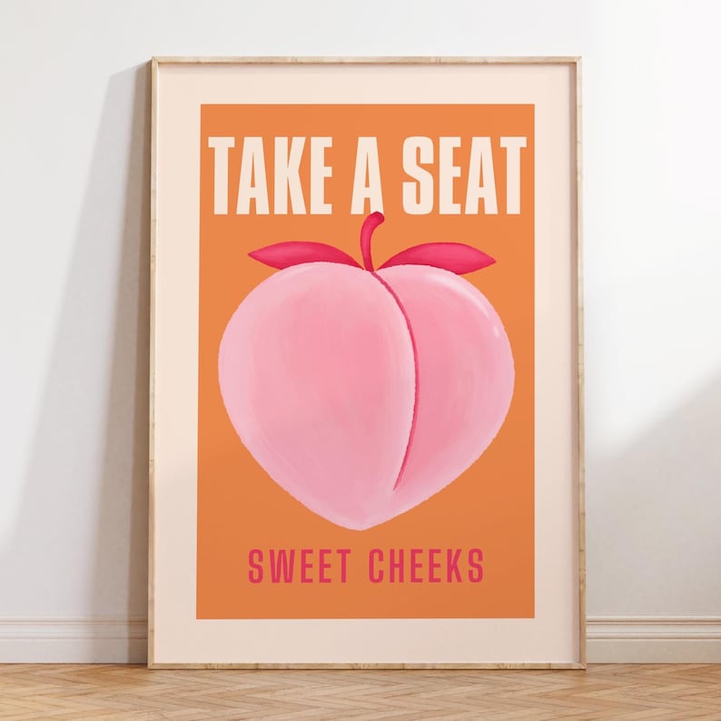 Funny Bathroom Art Print: Retro Peach, Sweet Cheeks (Digital Download) image 1