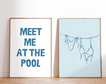 Meet Me At The Pool Wall Art Set Of 2 Bikini Print Beachy Decor  Preppy Trendy Poster Blue Coastal Summer Coquette Decor Girly DIGITAL