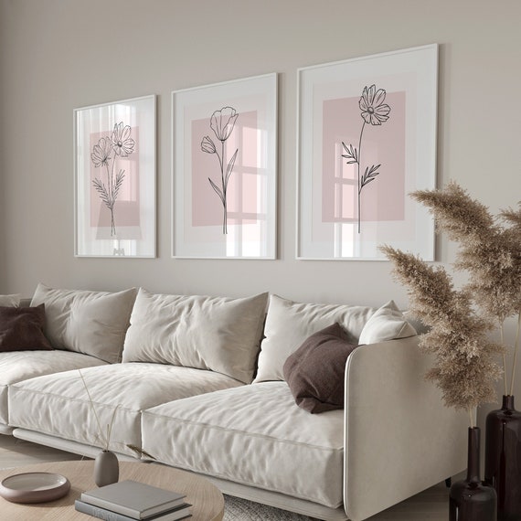 Pink Wall Art Set of 3 Botanical Wall Decor Plant Wall Art Etsy