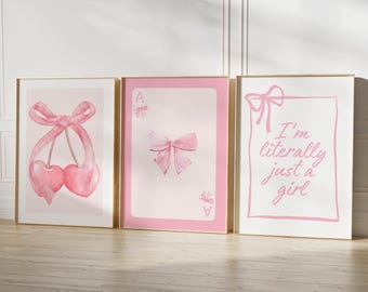 Pink Bows Watercolor Print Set: Preppy Coquette Room Decor (Digital Download)