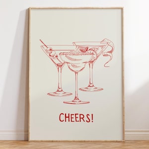 Rode barwagen wordt afgedrukt Posters gejuich schattig cocktailmuurkunst trendy barwagen decor grappige barafdrukken esthetische drank afdrukken digitale download