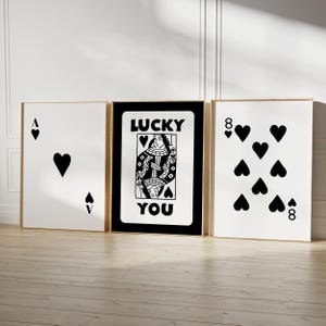Juego de 3 impresiones de arte de pared retro de moda, póster de tarjeta de as negra con estampado estético retro de moda, póster de Lucky You, arte de pared moderno, arte divertido DIGITAL