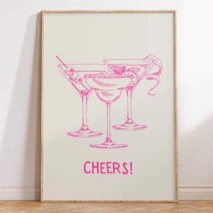 Roze barwagen wordt afgedrukt Posters gejuich schattig cocktailmuurkunst trendy barwagen decor grappige barafdrukken esthetische drank afdrukken digitale download