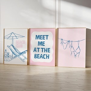 Blue and Pink Coastal Wall Art Set Of 3 Bikini Print Beachy Decor Meet Me At The Beach Art Preppy Trendy Poster Summer Coquette Decor Girly
