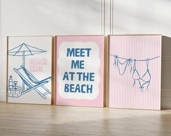 Coastal Wall Art Set: Blue, Pink Beach Prints (Digital Download)