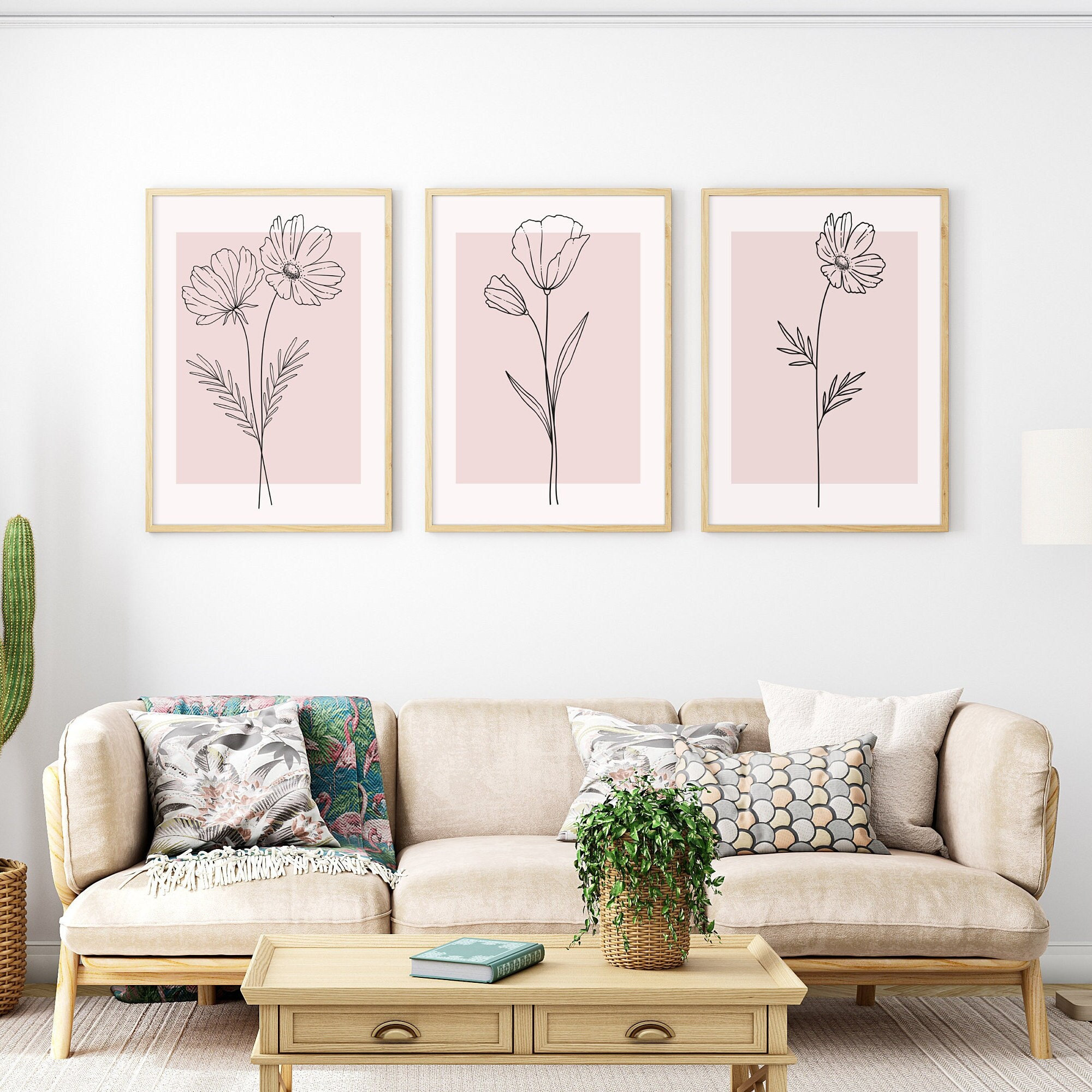 Pink Wall Art Set of 3 Botanical Wall Decor Plant Wall Art - Etsy UK