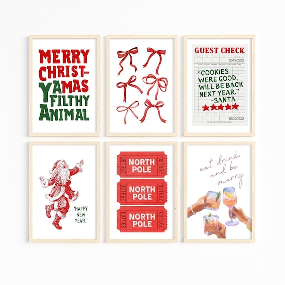 Red Christmas Art Prints: Holiday Home Decor Set of 6 (Digital Download)